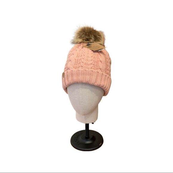 Timberland Cable Knit Beanie Hat  with faux fur Pom Pom - Picture 3 of 5